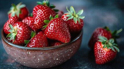 Wall Mural -   Close-up of a bowl of strawberries on a table, surrounded by additional strawberries