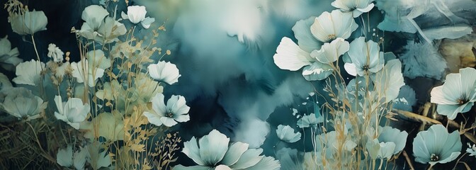 Aufkleber - A painting of a field of flowers with a blue sky in the background
