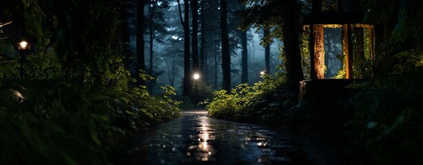 Poster - A forest path is lit by a lantern and the trees are wet from the rain