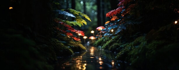 Poster - A forest path with a stream of water and glowing mushrooms