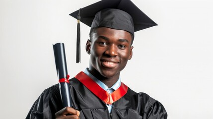 Wall Mural - Happy young African American man in graduation gown holding diploma on white background