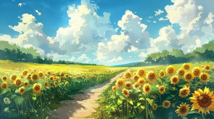 Wall Mural - A serene path through a vibrant field of sunflowers under a clear blue sky
