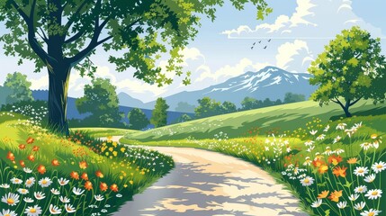 Sticker - A serene path through a vibrant spring meadow with mountain backdrop