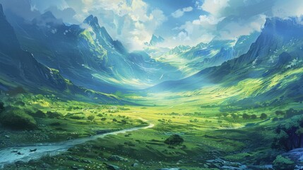 Wall Mural - A tranquil valley bathed in the embrace of sunlight and shadow