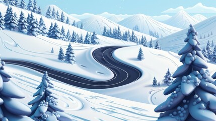 Wall Mural - A winding road through a serene snow covered winter landscape
