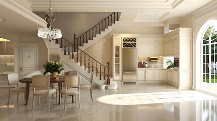 Wall Mural - Luxury home interior with staircase refrigerator and dining table