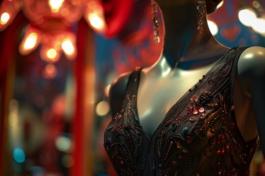 A woman mannequin wearing a gold necklace and a black bra