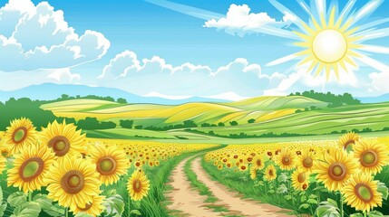 Wall Mural - Sun kissed sunflower fields under a vibrant sky
