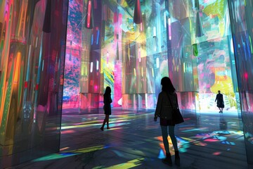 A woman is walking in a room with colorful walls and a man is walking behind her