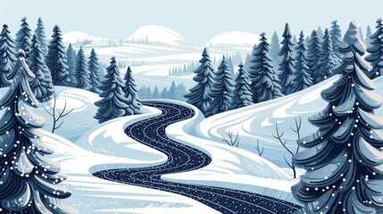 Wall Mural - Winding road through a serene snowy winter landscape