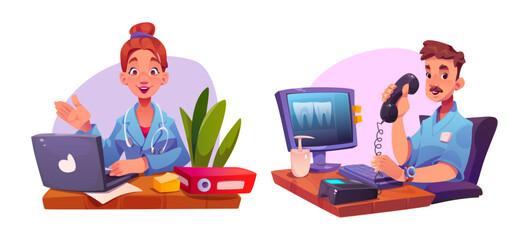 Doctor computer desk in hospital office vector illustration. Medical communication with laptop for female physician or nurse with stethoscope. Online dental appointment with happy therapist icon