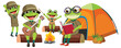 Frogs enjoying camping with music and books