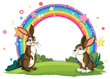 Two rabbits under a colorful rainbow in nature