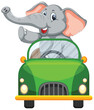 Cartoon elephant happily driving a vibrant green car