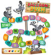 Colorful raccoon-themed children's board game layout