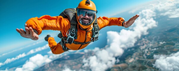 A happy man enjoys skydiving on a sunny day, his expression filled with exhilaration as he descends through the blue sky. The image is generated with the use of an AI.