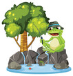 Cartoon frog fishing under a lush tree