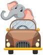 Cartoon elephant happily driving a classic car
