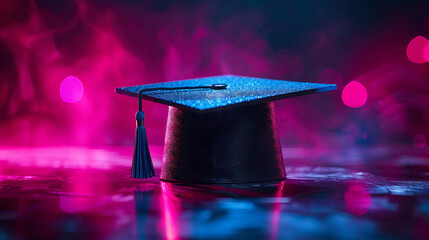 Graduate university Education celebration concept with a single Graduation cap with lighting vibrant colors background.