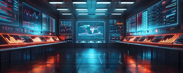 Poster - Futuristic High Tech Command Center Displays Real Time Business Success and Achievement Metrics