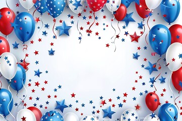 American Independence day 4th July celebration blue background with podium, red white and blue balloons for product photography digital 3d render