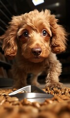 Sticker - brown poodle eating pet food 