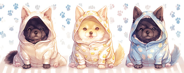 Wall Mural - Cute cats wearing anime onesie dog costume background.