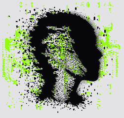 Aufkleber - Two human faces emerging from black-and-white pixel noise. A vector illustration questioning the relations beetween people and VR (virtual reality) technologies.