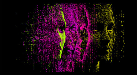 Poster - Distorted human face on dark background. Conceptual vector illustration of personality and facial recognition systems.