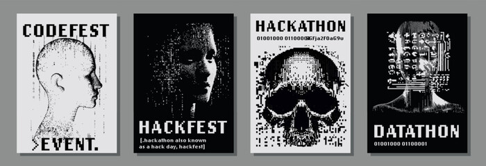 Poster - Set of retrofuturistic posters with pixel art illustrations of glitched human head and skull. Covers for hackathon (also known as a hack day, hackfest, datathon or codefest) event.