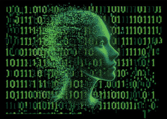 Aufkleber - 3D human face and binary green code on a dark background. Conceptual vector illustration on the topic of virtual reality and technology.