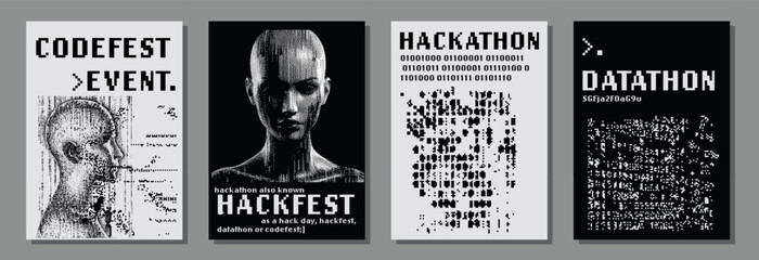 Poster - Set of futuristic posters with 8-bit pixel art illustrations of glitched human heads. Covers for hackathon (also known as a hack day, hackfest, datathon or codefest) event.