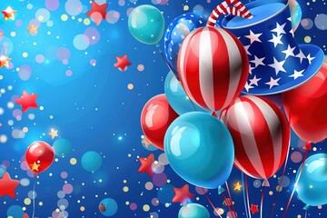 USA Independence day colored background 4th of july with flag, firework and balloons, illustration