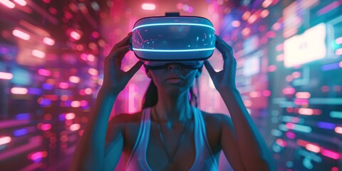 A woman in futuristic neon lights wearing a white VR headset and sleeveless top connects to a virtual world, gazing at virtual objects while holding goggles. Illusion.
