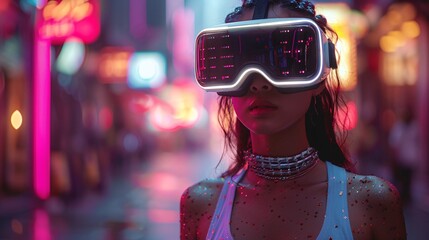 Wall Mural - A woman in a futuristic setting wearing virtual reality gear and a tank top explores a digital world.