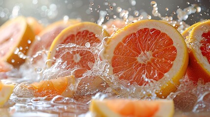 Juicy grapefruit with splashing juice on a white background.