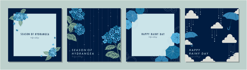 Wall Mural - 梅雨 紫陽花 雨の日 rainy day 素材セット フレーム 背景 ベクターイラスト シンプル