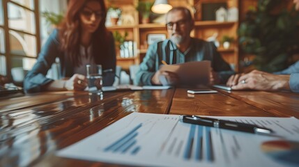 Experienced financial advisor discussing estate planning and wills with a family team during a business meeting in an organized office setting