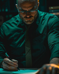 A handsome man in black glasses, wearing an emerald green shirt and tie is writing on paper at his desk. The background features a modern office interior design with dark gray walls, creating a profes