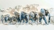 Herd of elephants, depicted in gentle watercolor shades of gray and blue, dramatically lit on a clean white backdrop,