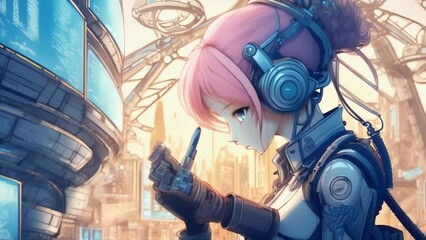 Wall Mural - A cyberpunk engineer with pink hair and headphones is focused on working with advanced technology in a futuristic city. 