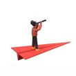 3D illustration of african american woman Coco with a telescope in his hand flies on a red paper plane.3D rendering on white background
