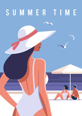 Wall Mural - Summer time. Concept of summer party, vacation and travel. Woman on the beach in a swimsuit and hat. People sunbathing on the shore. Vector illustration in minimalistic style.