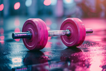 Heavy pink dumbbell free weight used in weight training for women on gym floor