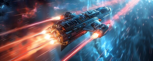 Wall Mural - futuristic deep space ship jumping to hyperspace in cosmic nebula
