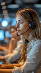 Poster - woman customer service agent working in dynamic call center with headset