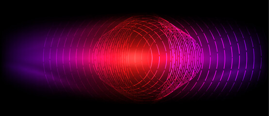 Poster - An electric blue and magenta sound wave pattern in a circle on a black background, creating a striking contrast of tints and shades with a hint of darkness and peach undertones