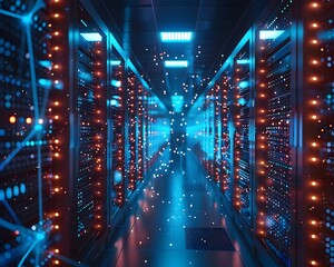 Poster - Glowing Blue Lights of an Advanced Urban Data Center Processing Vast Amounts of Digital Information