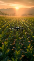 Poster - Aerial view of a smart agriculture farm using drones and sensors to monitor crop health and irrigation for sustainable farming