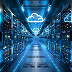 Wall Mural - Futuristic Cloud Computing Data Center with Rows of Servers and LED Lights